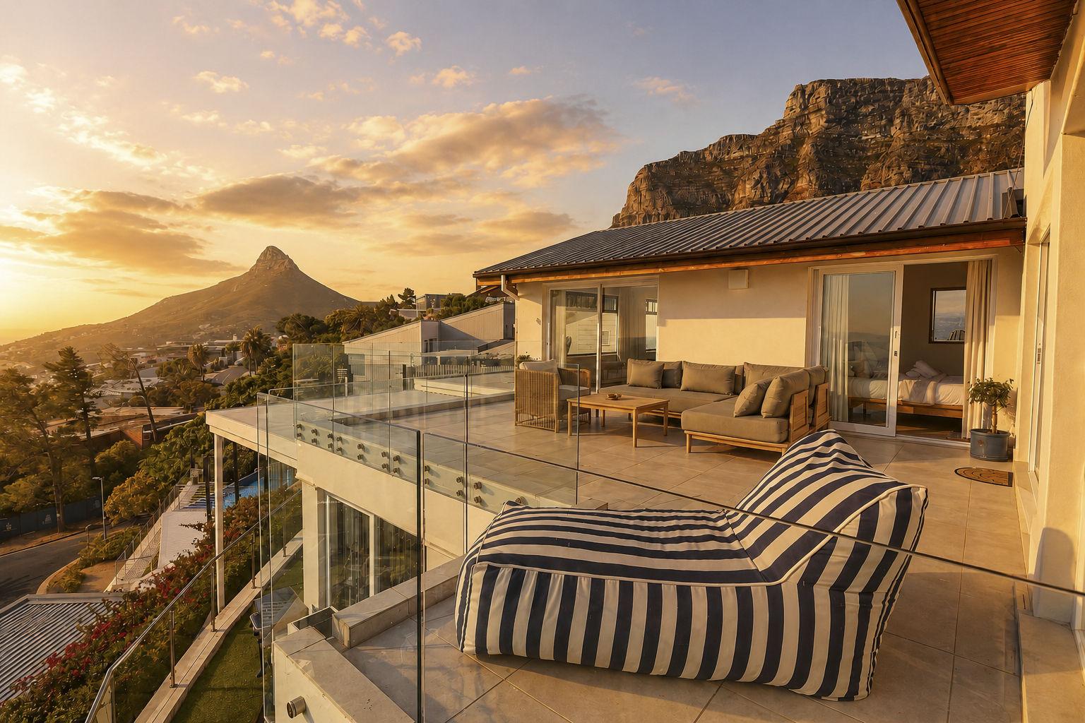 Terrace at sunset with ocean panorama