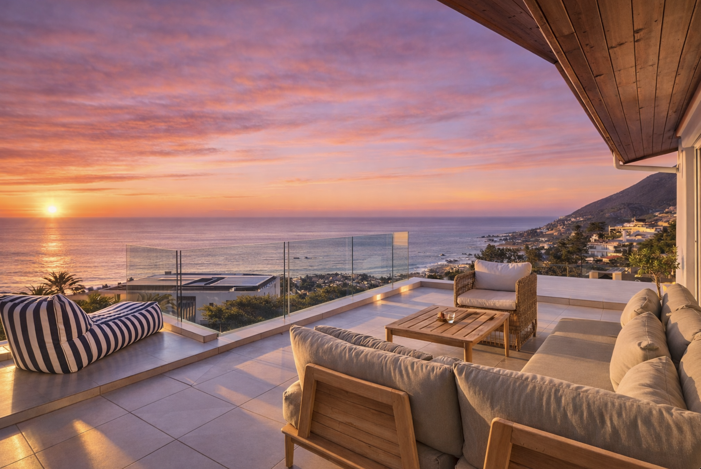 Terrace at sunset with ocean panorama